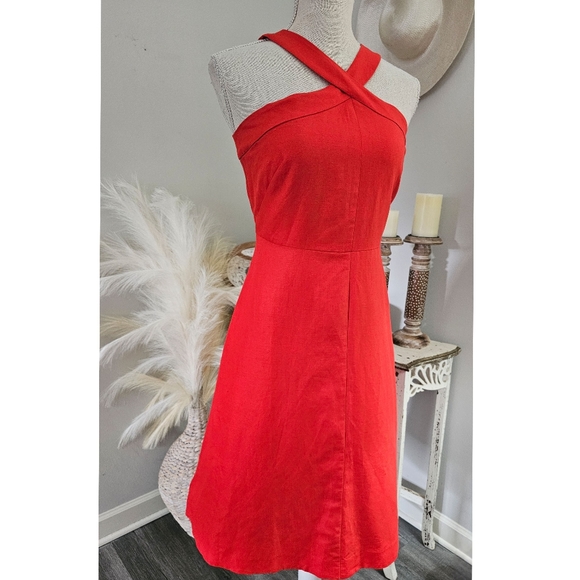 Ann Taylor Red Sleeveless Halter A-Line Blend Linen Midi Dress Size 4P NWT - Picture 4 of 7